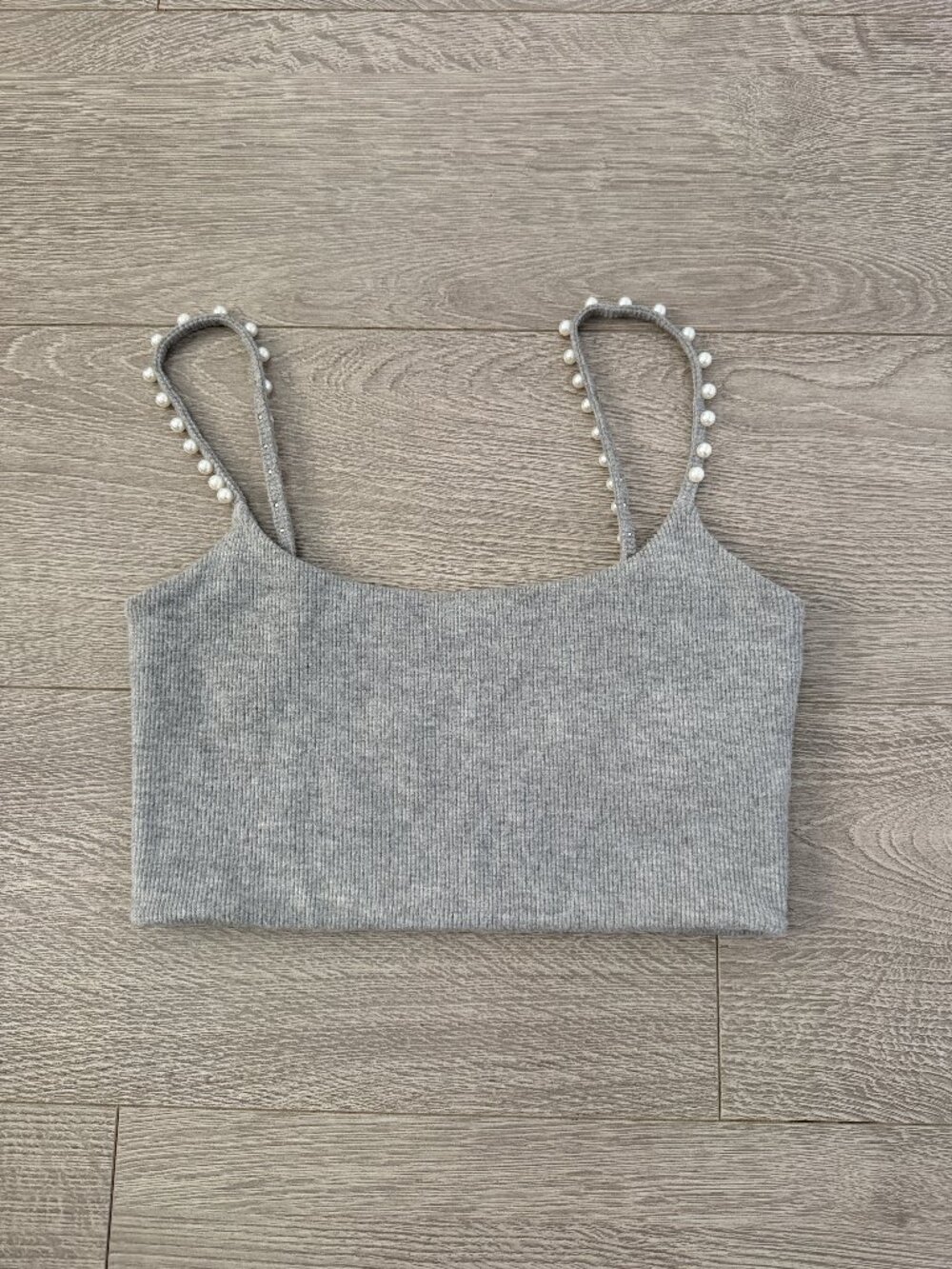 Zara Pearl Embellished Strap Crop Top Womens Small Gray Ribbed Cami